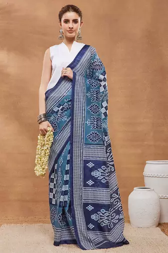 Blue  floral silk blend regular saree with blouse