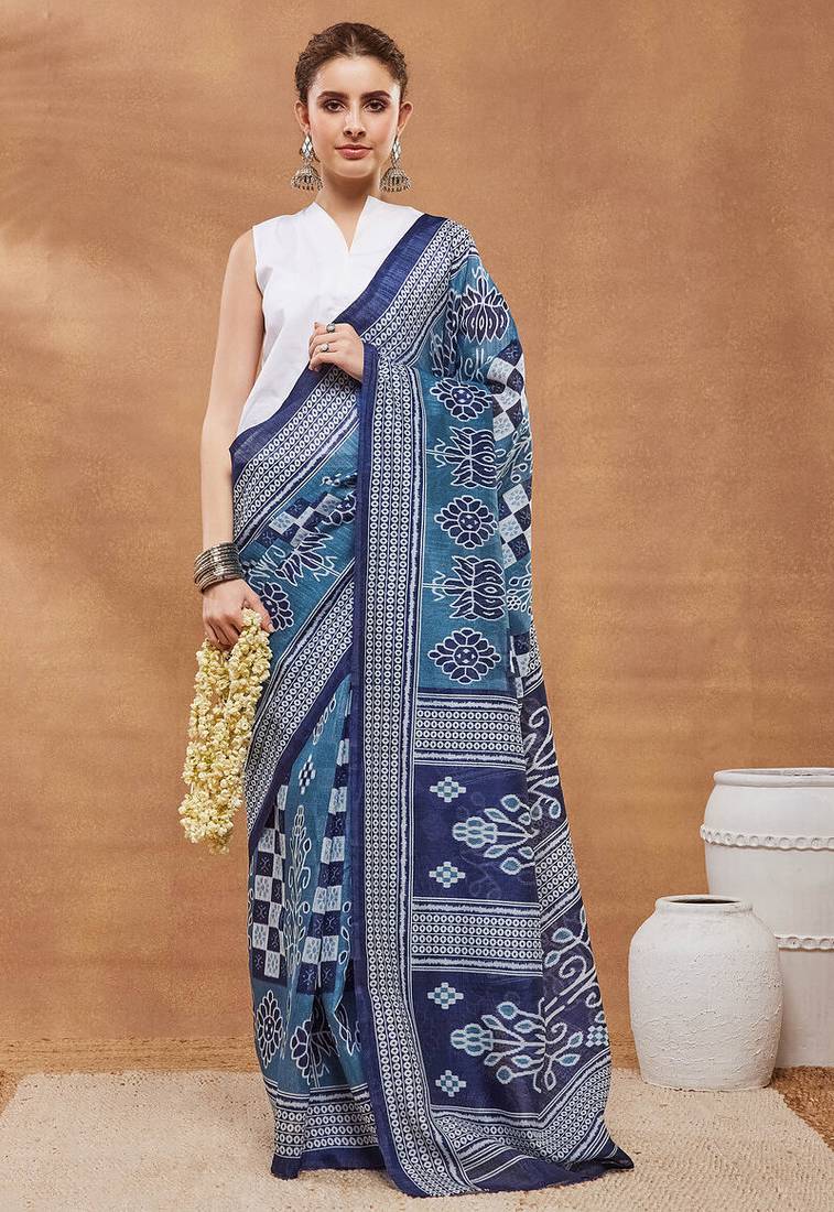 Blue  floral silk blend regular saree with blouse