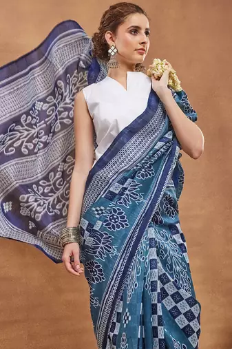 Blue  floral silk blend regular saree with blouse