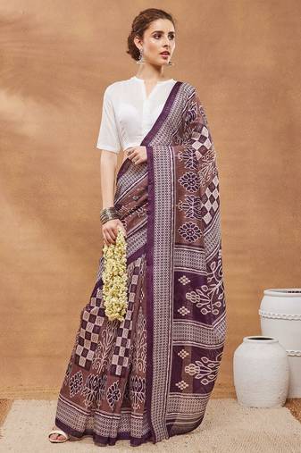 Wine floral silk blend regular saree with blouse