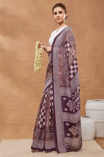 Wine floral silk blend regular saree with blouse