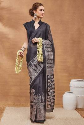 Black ethnic motifs silk blend regular saree with blouse 1