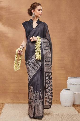 Black ethnic motifs silk blend regular saree with blouse