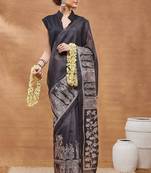 Black ethnic motifs silk blend regular saree with blouse