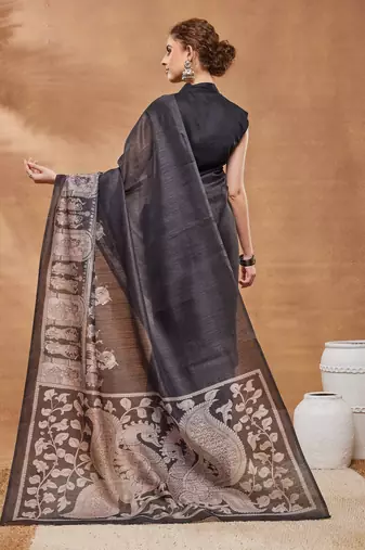 Black ethnic motifs silk blend regular saree with blouse