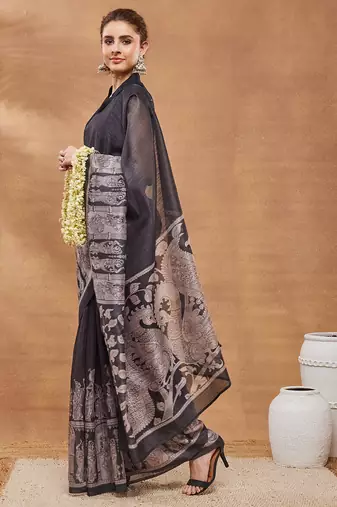 Black ethnic motifs silk blend regular saree with blouse
