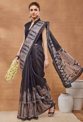 Black ethnic motifs silk blend regular saree with blouse 4