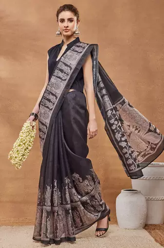 Black ethnic motifs silk blend regular saree with blouse