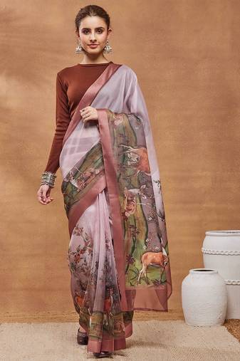 Peach floral silk blend ready to wear saree with blouse