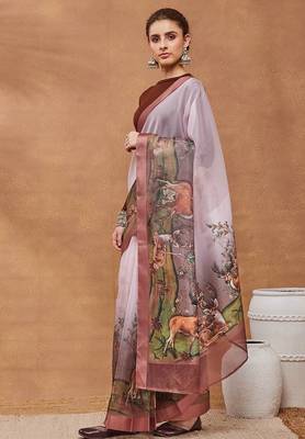 Peach floral silk blend ready to wear saree with blouse 3