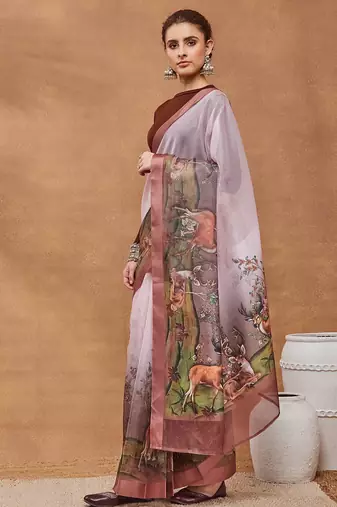Peach floral silk blend ready to wear saree with blouse