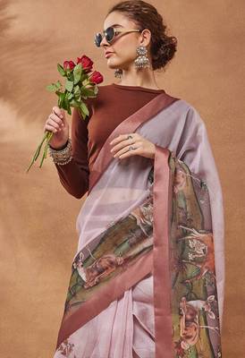 Peach floral silk blend ready to wear saree with blouse 4