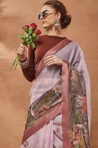 Peach floral silk blend ready to wear saree with blouse