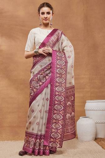 dark pink ethnic motifs silk blend ready-to-wear saree with blouse