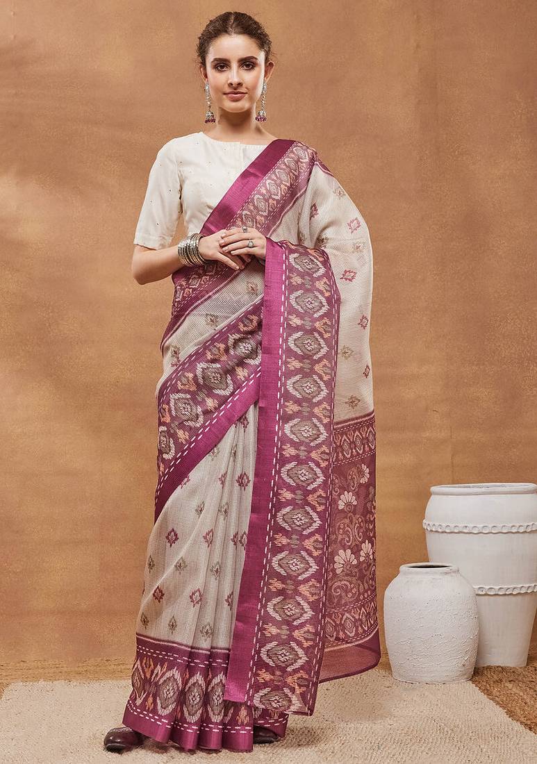 Dark pink ethnic motifs silk blend ready to wear saree with blouse
