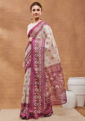 Dark pink ethnic motifs silk blend ready to wear saree with blouse 3