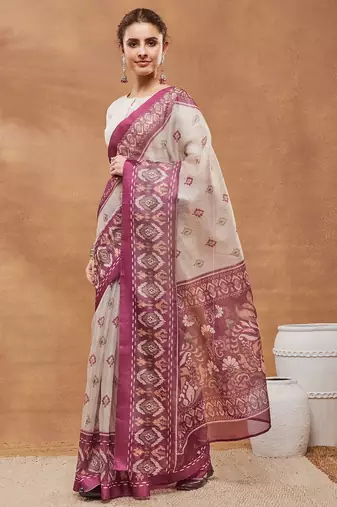 Dark pink ethnic motifs silk blend ready to wear saree with blouse