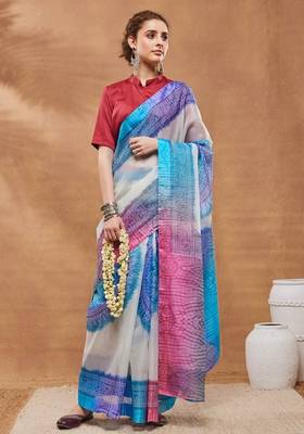 Blue bandhani silk blend ready to wear saree with blouse 1
