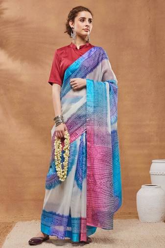 blue bandhani silk blend ready-to-wear saree with blouse