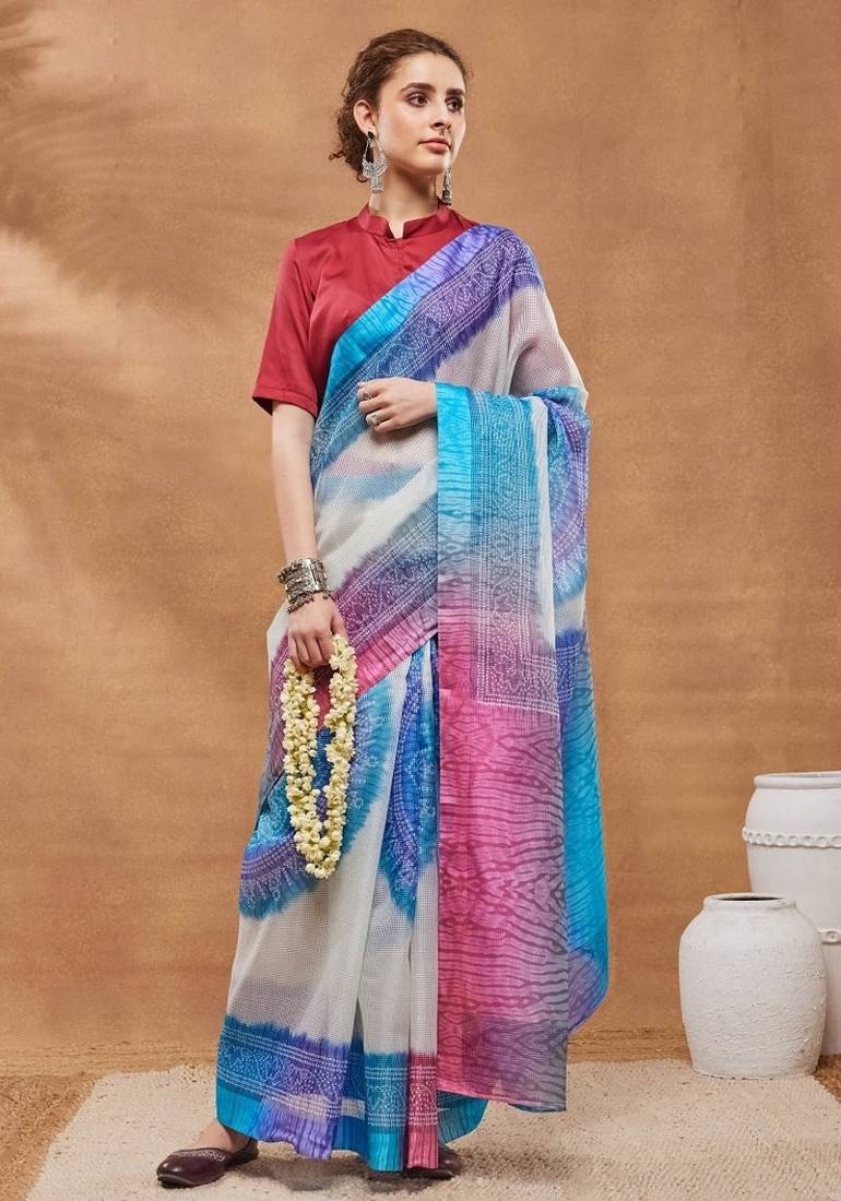 Blue bandhani silk blend ready to wear saree with blouse