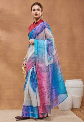 Blue bandhani silk blend ready to wear saree with blouse 3