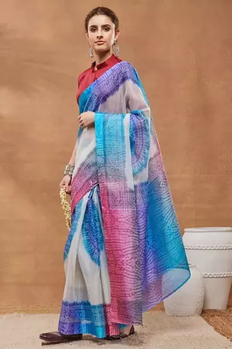 Blue bandhani silk blend ready to wear saree with blouse