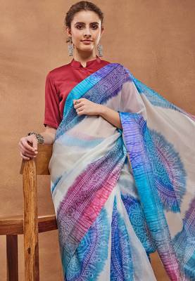 Blue bandhani silk blend ready to wear saree with blouse 4