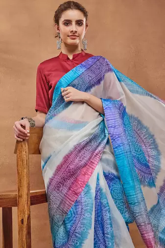 Blue bandhani silk blend ready to wear saree with blouse