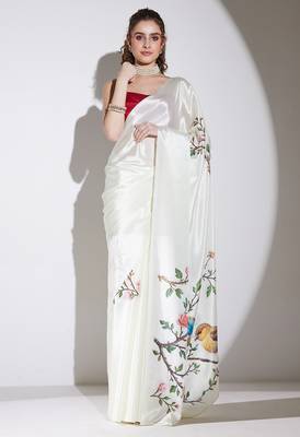 Cream floral satin satin regular saree with blouse 1