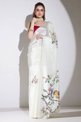 Cream floral satin satin regular saree with blouse