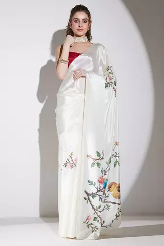 Cream floral satin satin regular saree with blouse