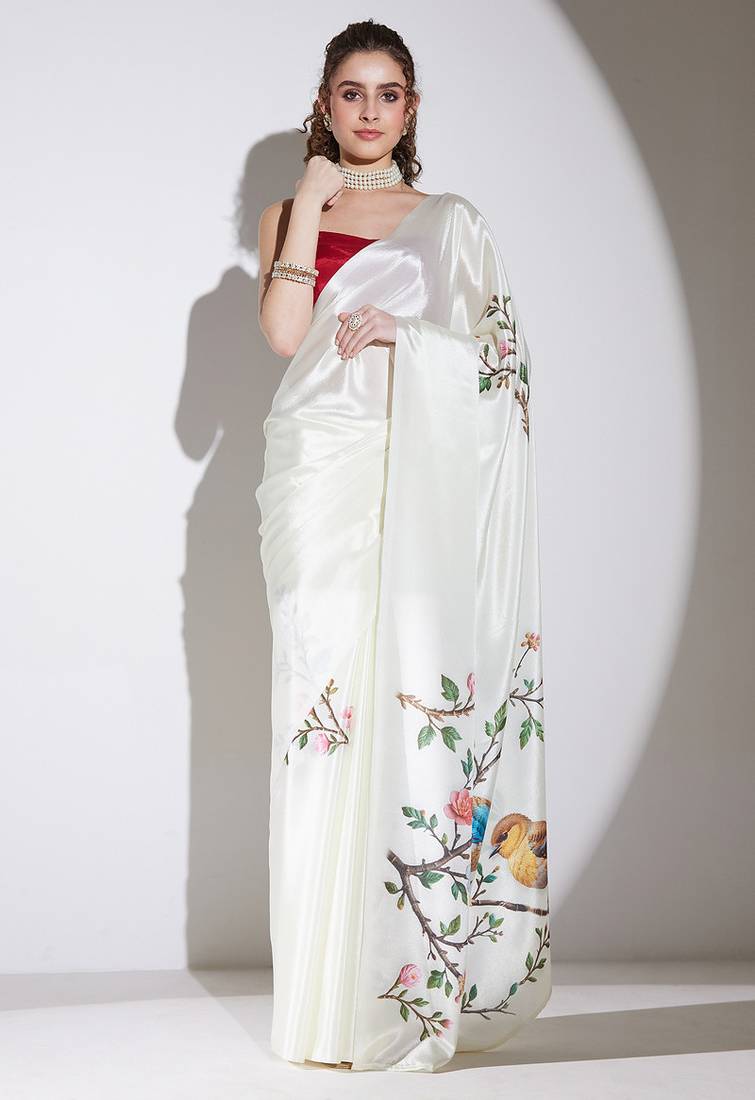 Cream floral satin satin regular saree with blouse