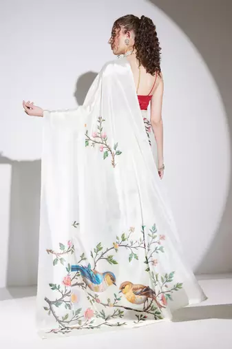 Cream floral satin satin regular saree with blouse