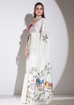 Cream floral satin satin regular saree with blouse 3