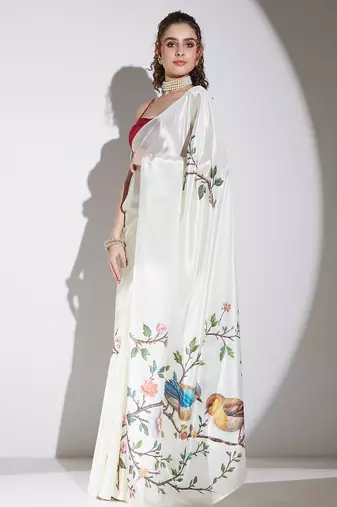 Cream floral satin satin regular saree with blouse