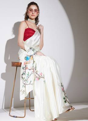 Cream floral satin satin regular saree with blouse 4