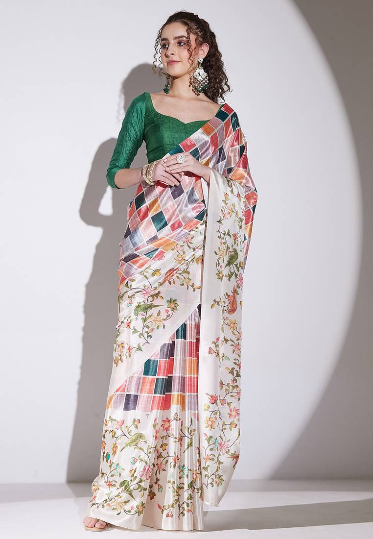 Multicolor checked satin satin regular saree with blouse