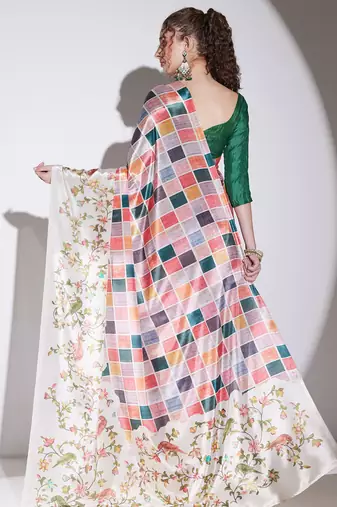 Multicolor checked satin satin regular saree with blouse