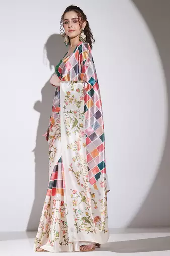 Multicolor checked satin satin regular saree with blouse