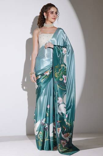Green floral satin satin regular saree with blouse