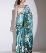 Green floral satin satin regular saree with blouse