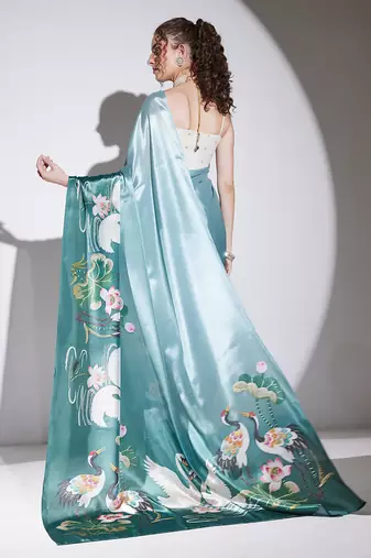 Green floral satin satin regular saree with blouse