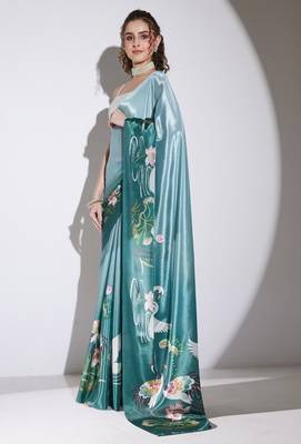 Green floral satin satin regular saree with blouse 3