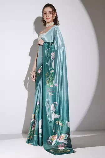 Green floral satin satin regular saree with blouse