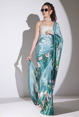 Green floral satin satin regular saree with blouse 4