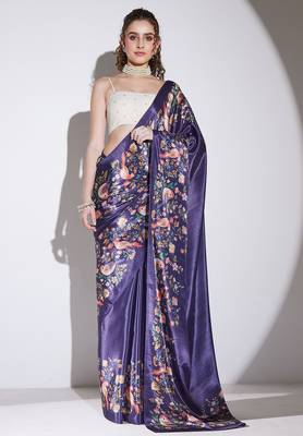 Purple floral satin satin regular saree with blouse 1