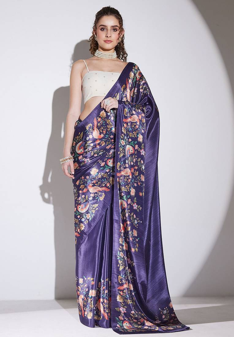 Purple floral satin satin regular saree with blouse