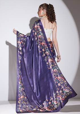 Purple floral satin satin regular saree with blouse 2