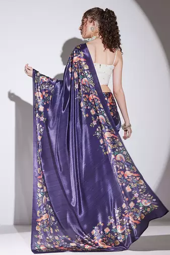 Purple floral satin satin regular saree with blouse