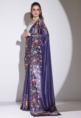 Purple floral satin satin regular saree with blouse 3